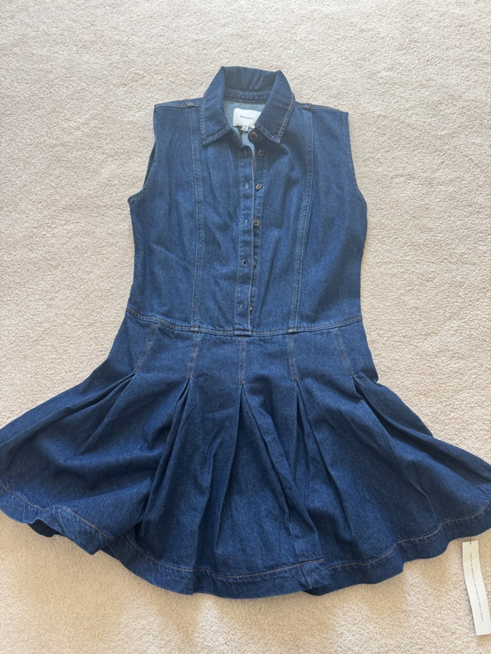 Reformation Dark Indigo Sleeveless Pleated Denim Mini Dress - Picture 8 of 9